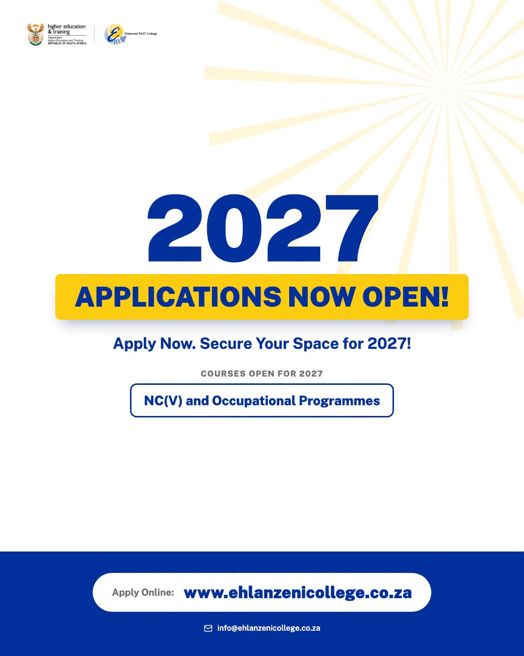 Ehlanzeni TVET College poster for 2027 applications for NC(V) and Occupational Programmes