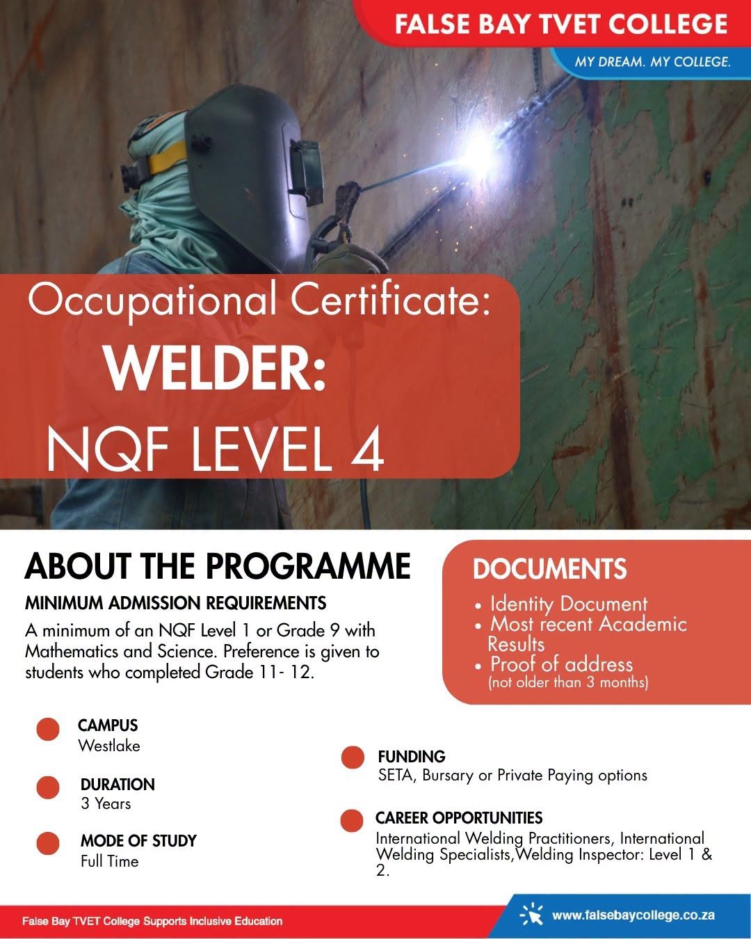 False Bay TVET College Occupational Certificate Welder NQF Level 4 at Westlake Campus