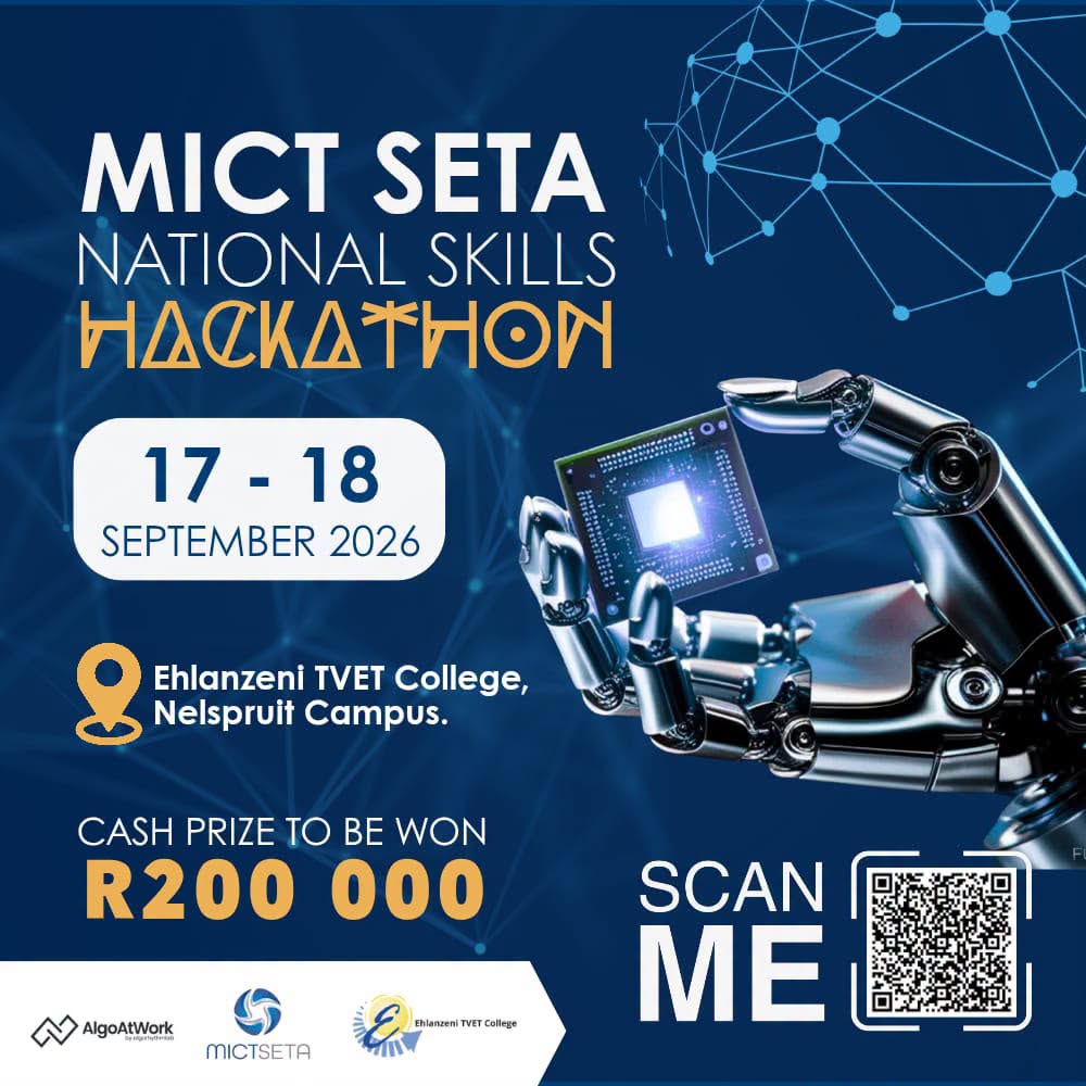 MICT SETA National Skills Hackathon 2026 poster showing dates 17-18 September 2026 at Ehlanzeni TVET College Nelspruit Campus with R200 000 cash prize