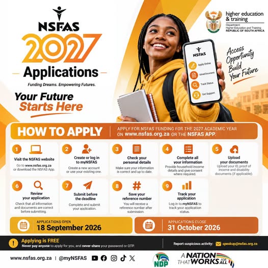 NSFAS 2027 applications poster showing how to apply online and the application deadline of 31 October 2026