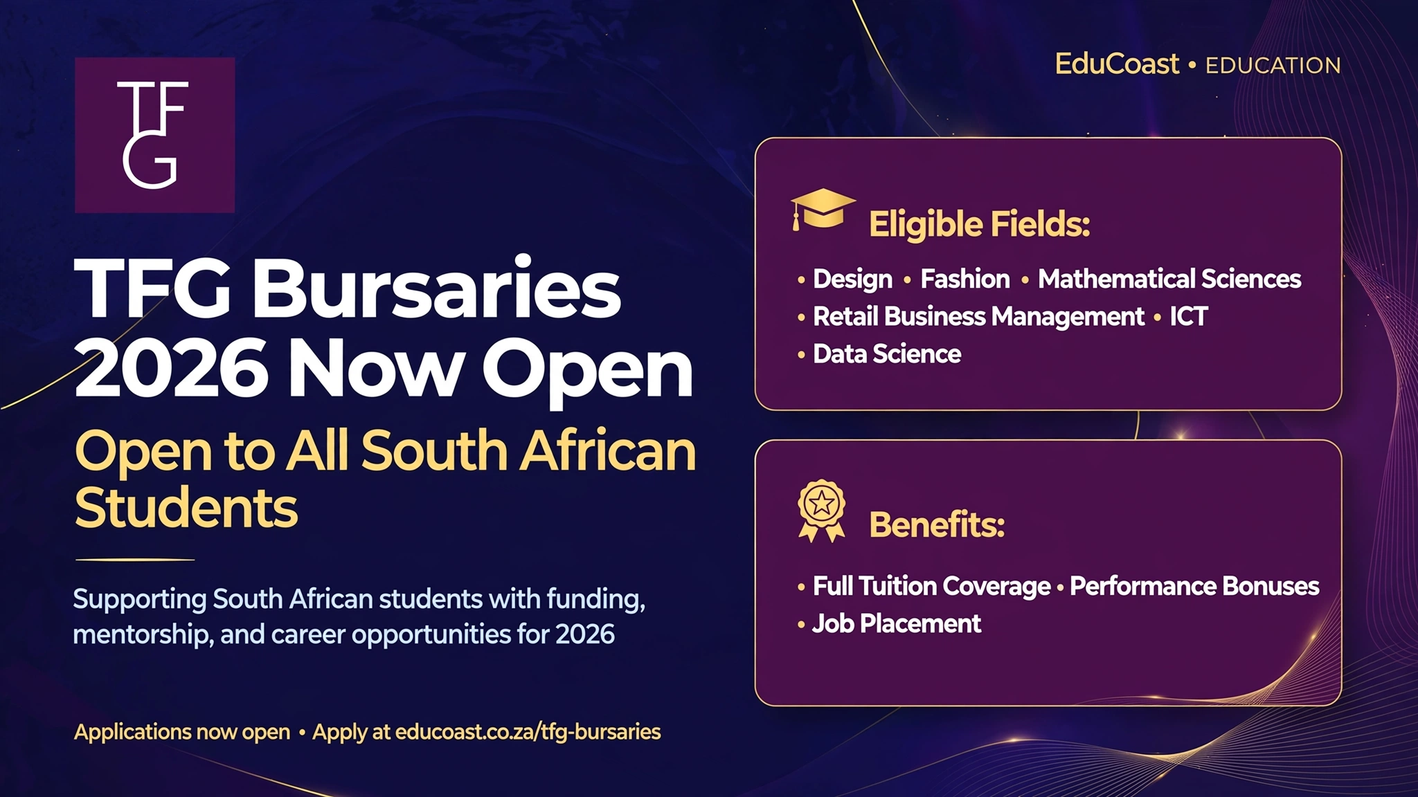 TFG Bursaries 2026 Now Open - Official TFG logo - Open to all South African students for Design, Fashion, Mathematical Sciences, Retail Business Management, ICT and Data Science - Benefits full tuition coverage, performance bonuses and job placement