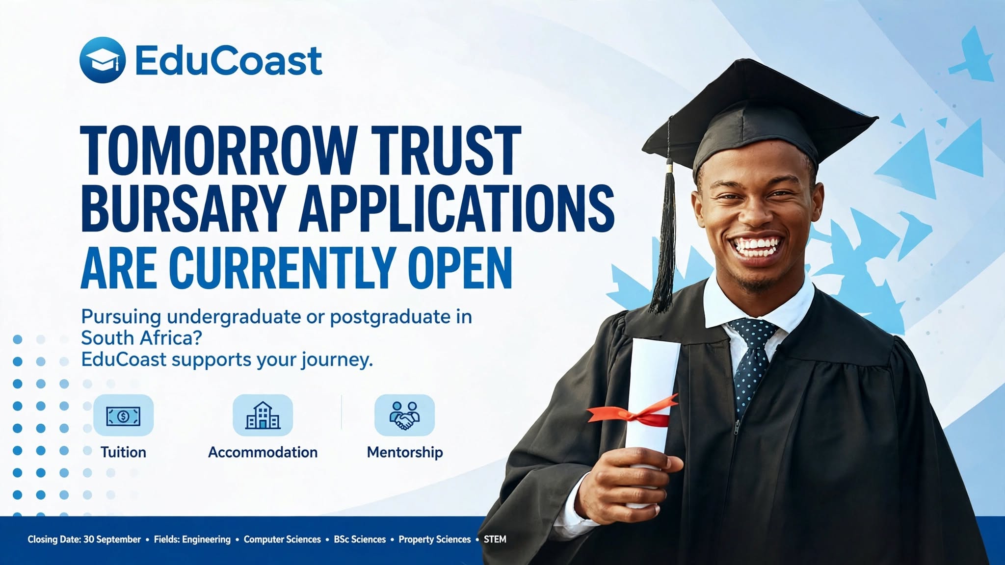 Tomorrow Trust Bursary Applications are open - South African graduate in gown holding certificate - EduCoast