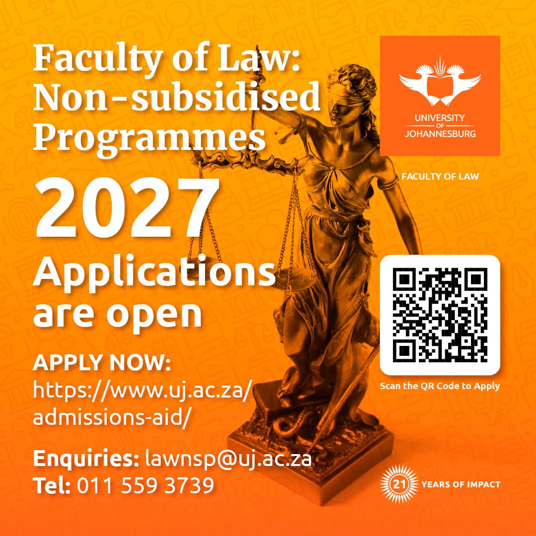 University of Johannesburg Faculty of Law 2027 non-subsidised programmes applications poster