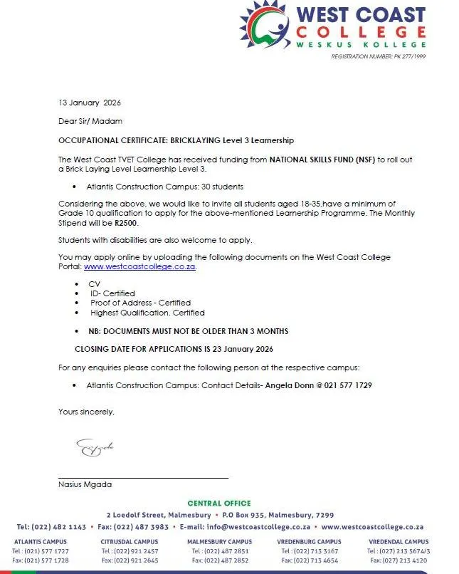 West Coast College – Bricklaying Level 3 Learnership (NSF Funded)