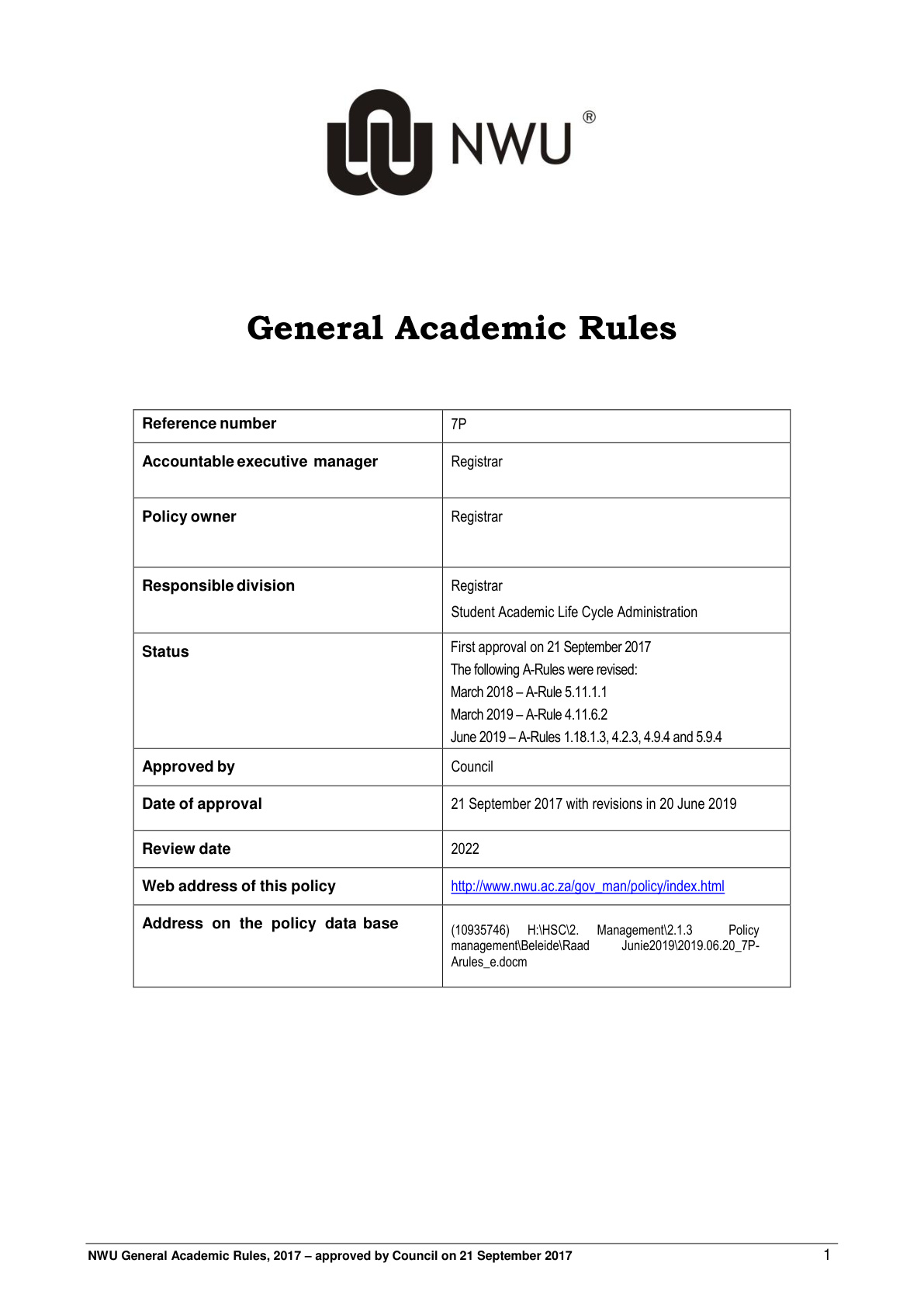 North-West University 2019 General Prospectus cover