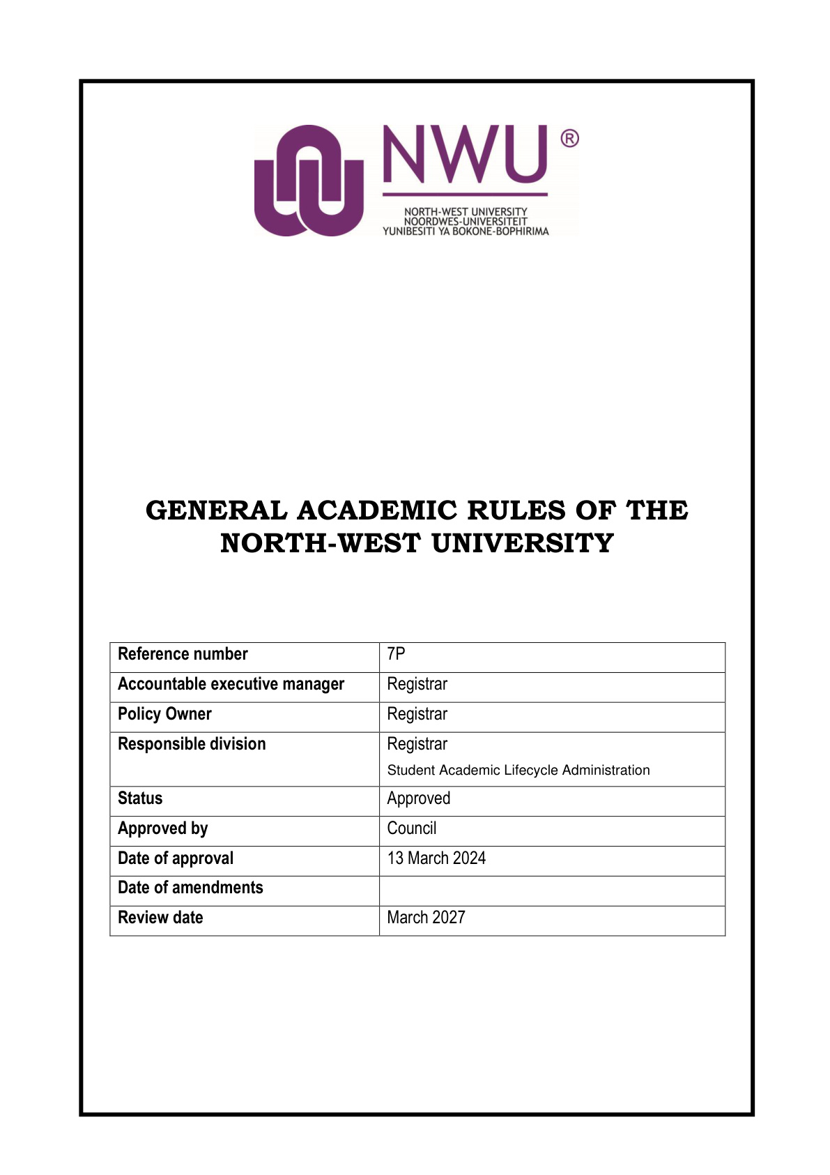 North-West University 2024 Undergraduate Prospectus cover