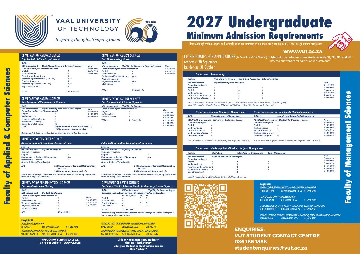 Vaal University of Technology 2027 Undergraduate Minimum Admission Requirements cover